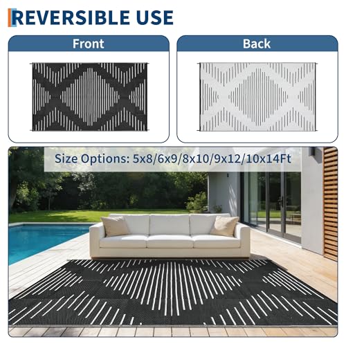 Garvee Waterproof Outdoor Rug 5x8 Rug Plastic Reversible Area Rugs Indoor Outdoor Carpet for Patio RV Porch Balcony Backyard Picnic Black White