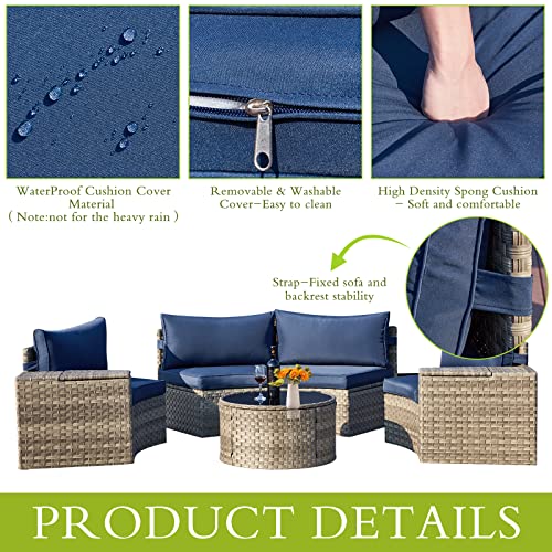 ECOTOUGE 7 Piece Outdoor Half Moon Furniture, Wicker Patio Sectional Conversation Set with 2 Storage Armrests and Circle Glass Table, Gray Rattan Curved Sofa for Garden, Balcony and Back Yard (Blue)