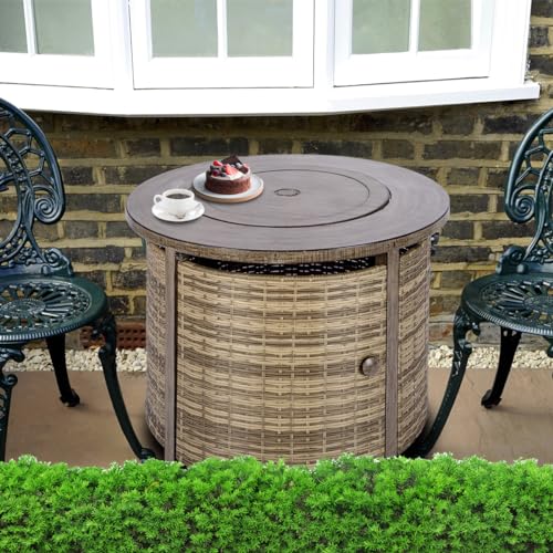 OutVue 32 inch Propane Fire Pit Table,Wicker Gas Fire Pits Table with Lid & Lava Rocks, 50000 BTU Round Propane Firepit for Outside, Fire Table for Dining,Party, Patio,Yard