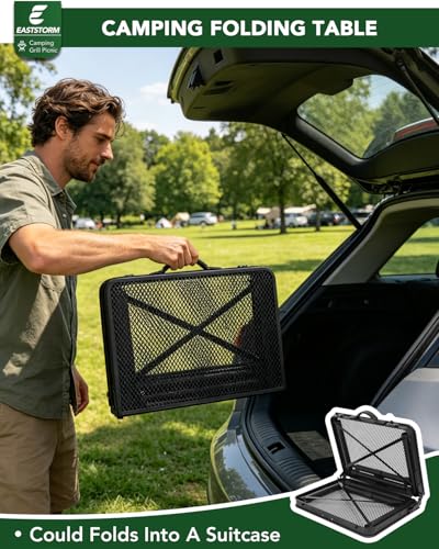 2Ft Small Folding Table with Carry Handle, Camping Table Adjustable Height 10.6–22 in, Black Metal Mesh, Portable & Compact for Outdoor/Indoor,Grill Table, 23.6×15.8 in, 4 lb, 66 lb Capacity