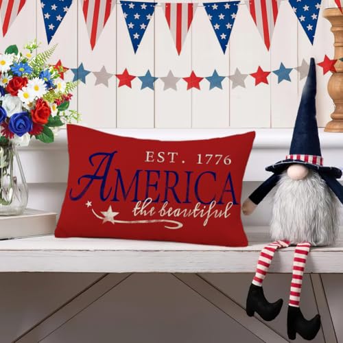 RABUSOFA 4th of July Patriotic Signs Throw Pillow Covers 12x20 Inch,Red White and Blue Memorial Day Outdoor Independence Day Fourth of July Lumbar Cushion Case Decoration for Home
