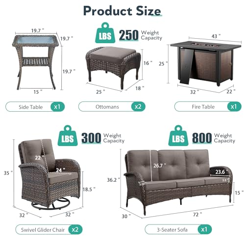 Artfurniz 7 Piece Patio Furniture Set with Fire Pit Table - Wicker Patio Conversation Set with Swivel Glider, 3 Seat Sofa, Side Table and 2 Ottomans for Deck Backyard - Brown Wicker Grey Cushion