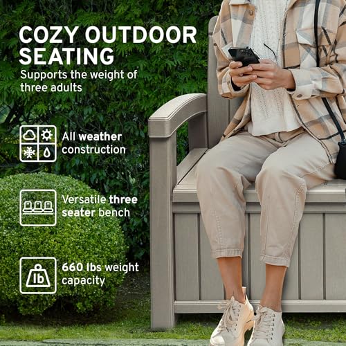 EconoHome 3 Seat Outdoor Storage Bench with Rain Cover - 90 Gallon Capacity - Weatherproof Resin Bench for Patio, Porch, Garden, Yard, Pool Area