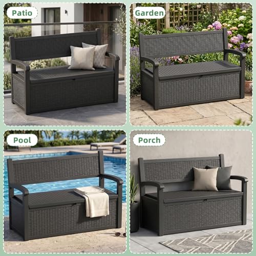 MAIUSCOLI 80 Gallon Outdoor Storage Bench Waterproof Resin Lockable UV Resistant Deck Box Benches Furniture Outside Porch Patio Pool Garden Tool Cushion Black