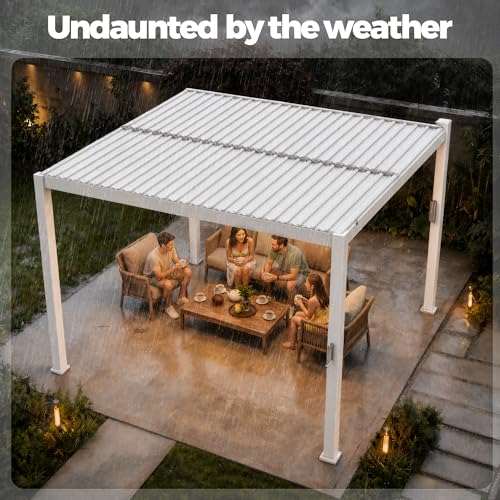 Suvivityse 10x10 Louvered Pergola with Lights, Aluminum Pergola with Adjustable Roof, Metal Outdoor Pergolas for Patios, Garden and Deck, White
