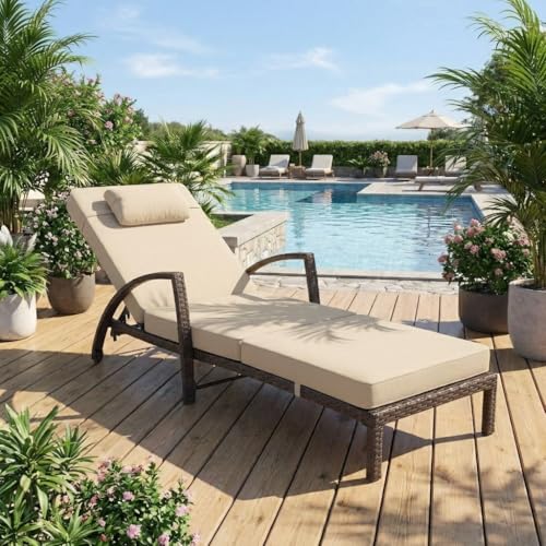 Garvee Outdoor Chaise Lounge Set of 2, 5-Position Adjustable PE Wicker Reclining Chairs with Wheels & 3.5" Cushions, 400 lbs Capacity All-Weather Patio Furniture for Poolside, Garden, Beach(Beige)