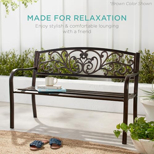 Best Choice Products Outdoor Bench Steel Garden Patio Porch Furniture for Lawn, Park, Deck w/Floral Design Backrest, Slatted Seat - Sky Blue