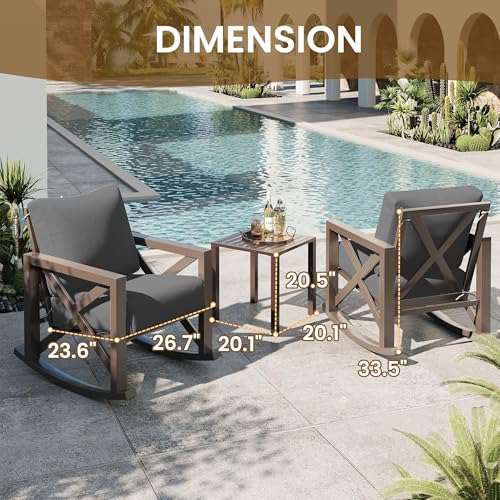 UDPATIO Outdoor Rocking Chair Set of 2 with Coffee Table, 3 Piece Metal Patio Furniture Set with 6.5" Water-Resistant Cushions, Oversized, 350lbs Heavy-Duty, for Porch, Patio, Balcony, Dark Grey