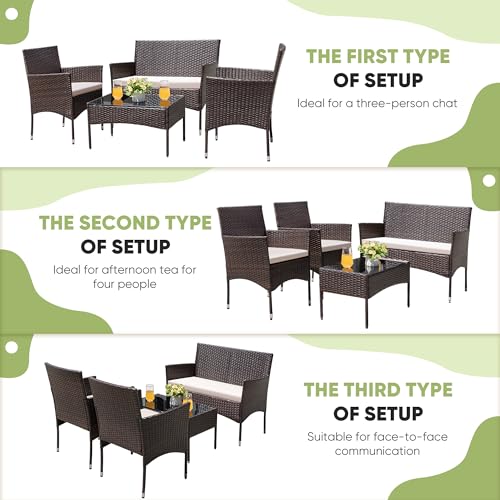 Greesum Patio Furniture 4 Pieces Conversation Sets Outdoor Wicker Rattan Chairs Garden Backyard Balcony Porch Poolside loveseat with Cushion and Glass Table, Brown and Beige