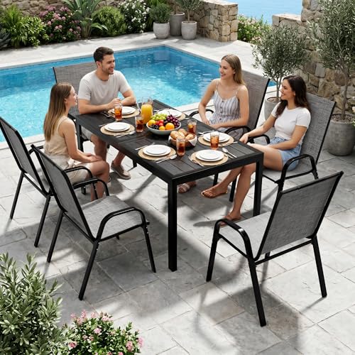 PATIOPIA 7-Piece Outdoor Dining Set, All Weather Patio Table and Chairs Set with Umbrella Hole for 6, Rectangular Steel Slat Table and 6 Textilene Chairs for Garden, Backyard, Poolside and Deck, Grey