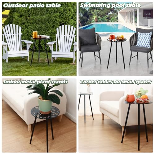 Metal Outdoor Side Tables Set of Two Small Outside Round End Table for Patio Modern Accent Garden Corner Table for Small Spaces, Balcony, Porch, Weather-Resistant, Plant Stand Indoor, Black