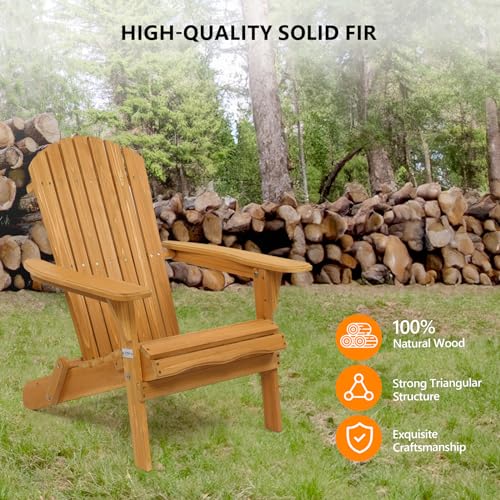 VINGLI Folding Adirondack Chairs Wood Lawn Chair Wooden Lounger 350 LBs Support Fire Pit Seating Natural Finished Weather Resistant Indoor Outdoor Furniture