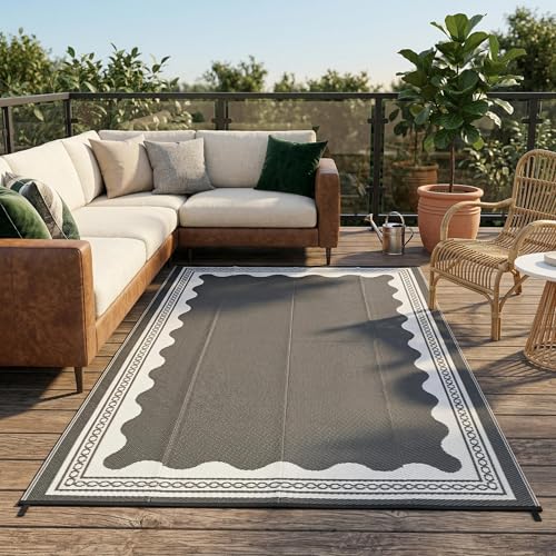 Garvee Outdoor Rug 5x8 Scalloped Waterproof Patio RV Outdoor Rugs Reversible Foldable Plastic Straw Rug Modern Camping Carpet for Deck Camper Porch Balcony Backyard Picnic Beach Grey