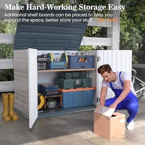 UDPATl0 35 Cu.Ft Horizontal Outdoor Storage Shed, Resin Outdoor Cabinet Waterproof & Lockable for Generator, Garbage Can Garden Tools, White, White & Grey Trim