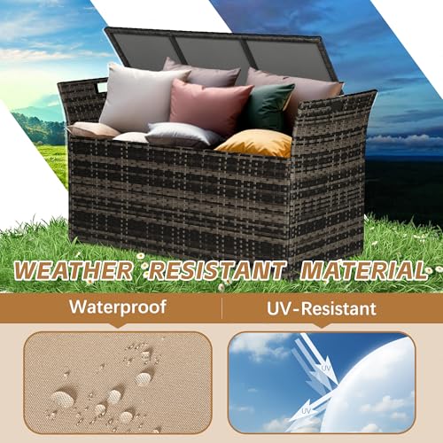 Patiomore 90 Gallon Outdoor Wicker Storage Bench with Cushion, Patio PE Rattan Deck Box with Handles (Gray), Grey