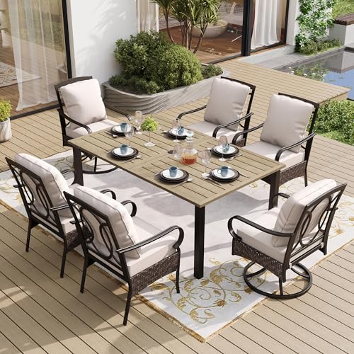 SUNSHINE VALLEY 7 Piece Patio Dining Sets for 6, Outdoor Table and Chairs with Cushioned Wicker Swivel & Leg Patio Dining Chairs & Wood-Like Dining Table, Outdoor Dining Sets for Lawn Garden Backyard