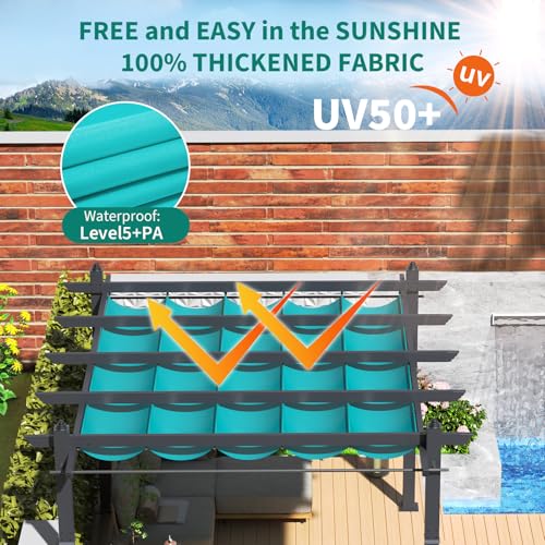 Aluminum Pergola with Retractable Canopy, 10x13 ft Sun Shade, Rust-Resistant Outdoor Pavilion for Patio, Backyard, Deck, Poolside, Waterproof, Grape Trellis, Blue with Curtains and Mosquito Netting