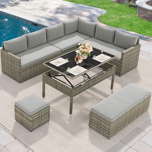 YITAHOME 9 Piece Patio Furniture Set, All-Weather Wicker Outdoor Sectional Sofa with Lift-Top Coffee Table & Ottoman, Patio Conversation Set for Deck, Backyard, Porch - Gray Gradient