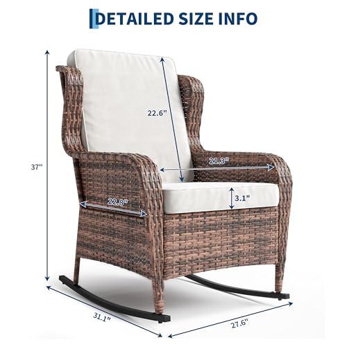 GarveeTech Outdoor Wicker Rocking Chair with Cushions, All-Weather Patio Rocker, High Back Rattan Chair for Garden Porch Backyard (Brown Wicker, Beige Cushions)