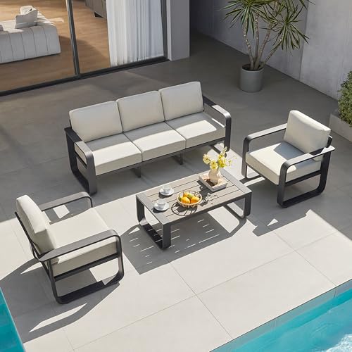 CHITA Outdoor Furniture Set 4 Piece, 5-Seats Patio Conversation Set with 6.3in Thick Cushions & 100% Aluminum Frame & Coffee Table, Modern Outdoor Patio Furniture Sofa Set for Poolside, Deck, Balcony
