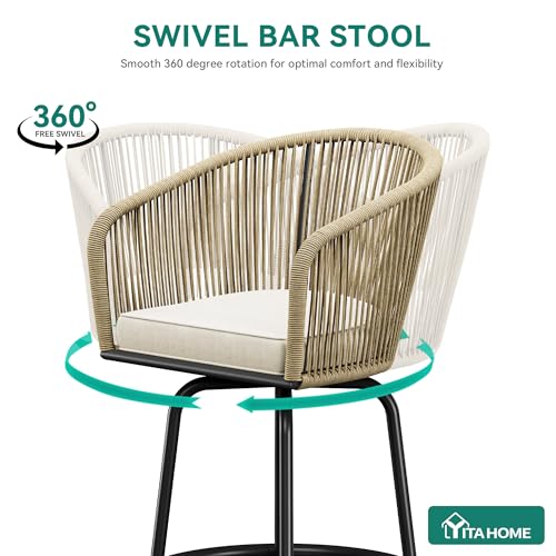 YITAHOME 27" Bar Stools Set of 2 with Arms & Cushions, 360° Swivel Outdoor Bar Stools, All Weather Counter Height Bar Stools Set of 2 with Curved Back for Backyard, Kitchen Island, Dining Room, Beige