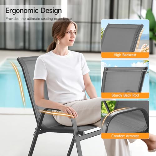 ONBRILL Patio Chairs set of 4, Easy Assembly Stackable Outdoor Dining Chairs with Wide Seat and Sturdy Metal Frame, Breathable All Weather Textilene Outdoor Chairs Set of 4 for Deck, Pool, Porch, Grey