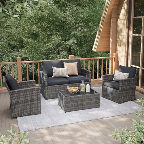 JOIVI 4 Piece Outdoor Patio Furniture Set, All-Weather Wicker Patio Conversation Set, PE Rattan Sofa Set with Loveseat Chair and Tempered Glass Coffee Table, Dark Gray