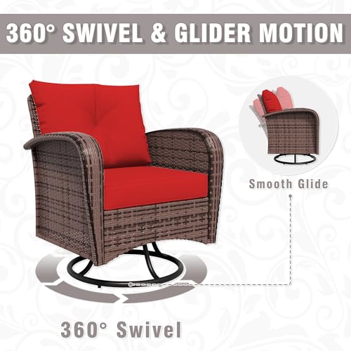 Qsoer 4 Piece Patio Conversation Set - 2 Swivel Chairs 1 Coffee Table 3-Seater Sofa, PE Wicker & Steel Patio Furniture with Heavy-Duty Steel Frame,Weatherproof Cushions, Red