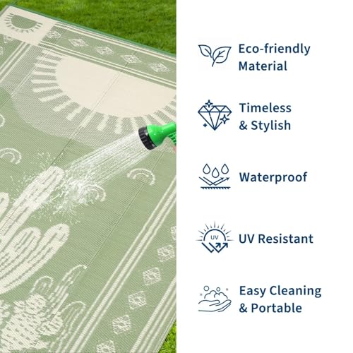 Garvee Reversible Cactus Outdoor Rug 8x10 for Patio, Waterproof Outdoor Area Rug, Modern Desert Botanical Indoor Outdoor Rugs, Plastic Straw Rug for RV, Camping, Deck, Sage Green & Beige