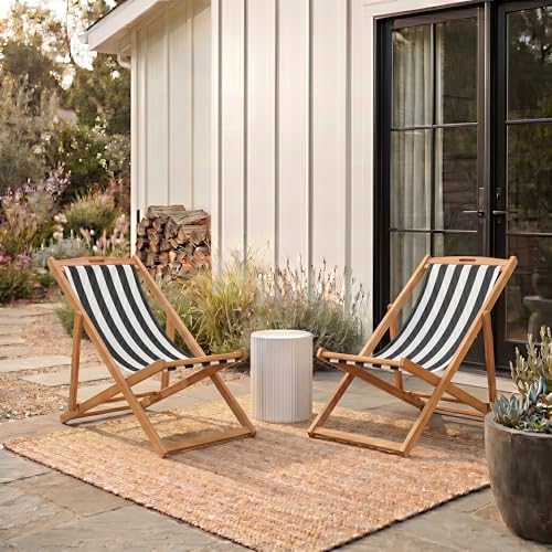 SAFAVIEH Outdoor - Loren Folding Sling Chair Set of 2 - Brown & Black Stripe - Solid Wood - Portable Bistro Design - Ideal for Patio, Deck, Poolside, Backyard, 24" W x 43" D x 25" H (PAT7040C-SET2)