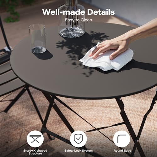 EO Living 3-Piece Steel Folding Bistro Set, Premium Weather-Resistant Patio Table & 2 Chairs for Balcony, Garden, Yard, Poolside & Indoor (Black)