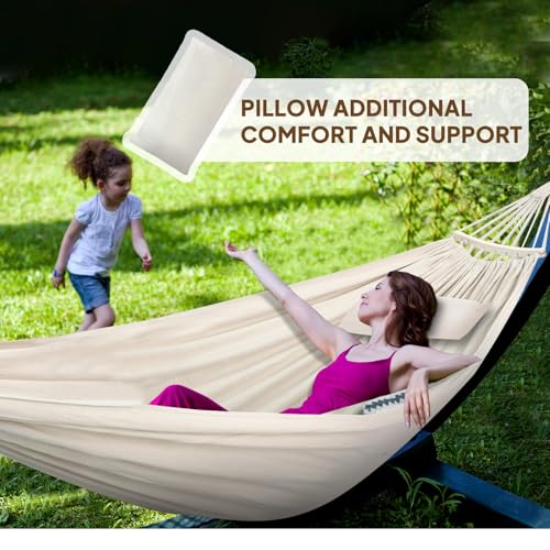 Chihee Cotton Hammock Holds Up to 660lbs Fabric Hammock 8.9x4.9ft Soft Portable Tree Hammocks Camping with Detachable Spreader Bar Pillow 2 Strong Webbings 2 Carabiners Indoor Outdoor Backyard Garden