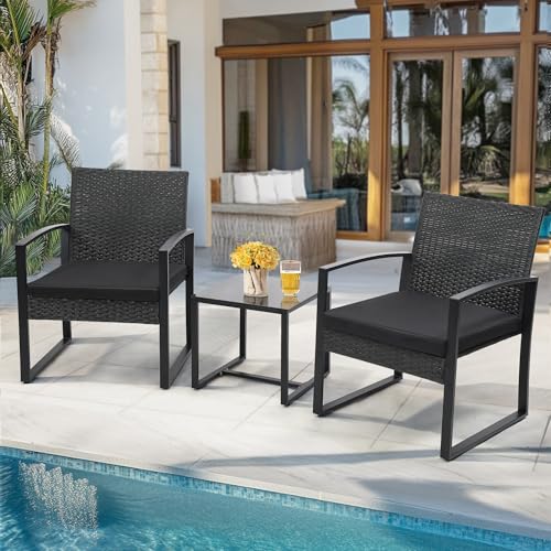 Skandiquip 3 Piece Outdoor Wicker Bistro Set, Rattan Patio Conversation Set with Coffee Table & Washable Cushions for Porch Yard Balcony, Black/Black