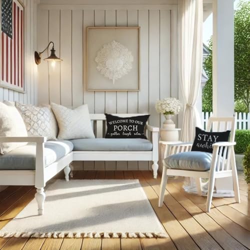 PANDICORN Welcome to Our Porch Stay Awhile Farmhouse Black and White Outdoor Lumbar Decorative Throw Pillow Covers 12x20 Inch Set of 2 Cozy Relax Porch Patio Decorations for Home Couch Bench Decor