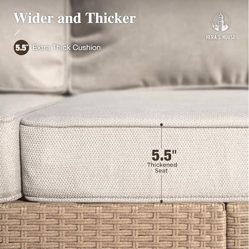HERA'S HOUSE 6-Piece Patio Furniture Set, All Weather 7 Seats Outdoor Wicker Sofa with Ottomans, Rattan Patio Conversation Set with 5.5" Cushions and 44" Coffee Table, Beige