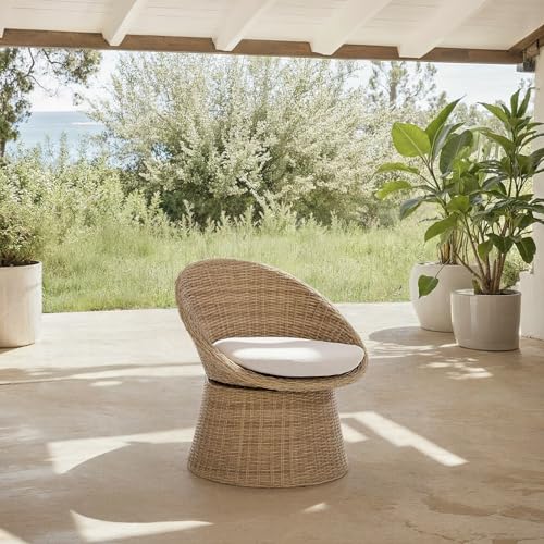 SAFAVIEH Outdoor Patio Furniture Collection – Drew Natural Rattan Swivel Barrel Chair with Taupe Cushion (PAT7543A)