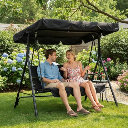 GarveeLife 3-Person Outdoor Porch Swing Chair with Adjustable Canopy, Breathable Fabric Seat and Backrest, Armrests, Heavy-Duty Frame, 600 lbs Capacity, for Patio, Backyard or Garden, Black