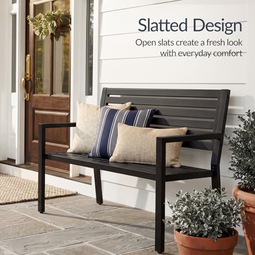 Best Choice Products Outdoor Metal Bench Patio Garden Bench, Heavy Duty 790lb Capacity, Steel Slatted Seat Porch Bench with Armrests, Weather Resistant Park Bench