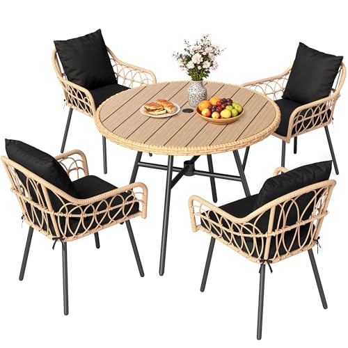 YITAHOME Patio Dining Set with Umbrella Hole for 4, All-Weather Rattan Outdoor Dining Set 5pcs, Patio Dining Furniture Sets with 4 Ergonomic Armchairs, Outdoor Table and Chairs Set for Patio Backyard
