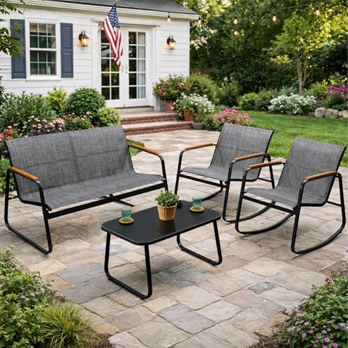 Kozyard 4-Piece Outdoor Patio Furniture Set with Textilene Chairs, Metal Conversation Set, Tempered Glass Coffee Table, Powder-Coated Steel Frame for Garden, Poolside, Backyard Gray
