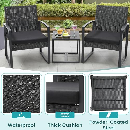 Skandiquip 3 Piece Outdoor Wicker Bistro Set, Rattan Patio Conversation Set with Coffee Table & Washable Cushions for Porch Yard Balcony, Black/Black