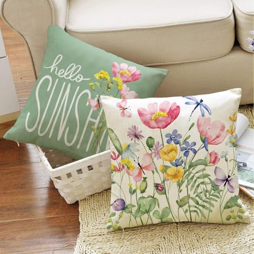 WOKANI Outdoor Throw Pillow Covers 18x18 Set of 4 Spring Summer Garden Flowers Farmhouse Patio Decorative Cushion Covers Home Decor Couch for Sofa Bedroom Livingroom