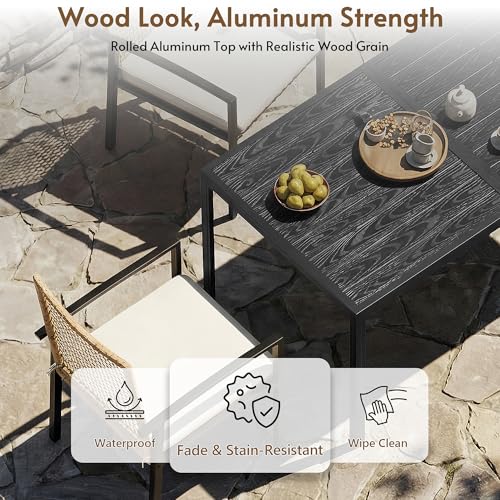 Rotihom 7-Piece Outdoor Dining Set for 6, Patio Dining Set with Hand-Woven Wicker Chairs & Cushions, 60" x 33" x 30" Wider Aluminum Woodgrain Table for Deck, Garden, Backyard