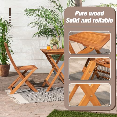 Devoko Outdoor 3 Piece Folding Patio Bistro Set Acacia Wood Bistro Table and Chairs Set of 2 for Garden Poolside Backyard Balcony Porch Deck