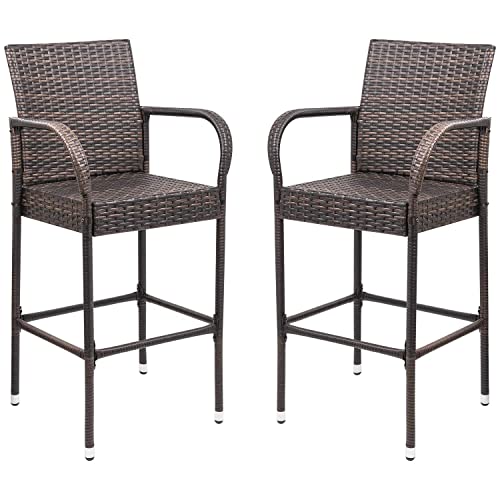 Homall Patio Bar Stools Wicker Barstools Indoor Outdoor Bar Stool Patio Furniture with Footrest and Armrest for Garden Pool Lawn Backyard Set of 2 (Brown)