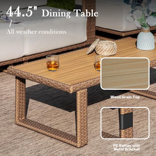 XTWEEX 6 Pieces Outdoor Patio Furniture Set, Rocker Chairs and Sofa with 10 inch Thick Cushions and Steel Frame and Wooden Board, PE Rattan Weaving Outdoor Conversation Set Brown/Light Gray Linen