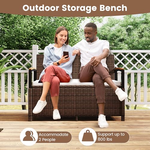 RELAX4LIFE Wicker Outdoor Storage Bench - Rattan Deck Box w/Protective Liner for Patio Furniture Pillows, Pool Supplies & Garden Tools, Porch Loveseat with Seat Cushion, Acacia Wood Armrests