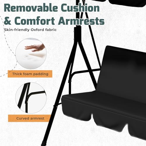 AECOJOY Porch Swing with Stand, Outdoor Swings for Adults, 3-Seat Outdoor Swing with Canopy, Outside Swing Bench with Removable Cushion, Suitable for Backyard, Garden, Yard, Poolside, Balcony (Black)