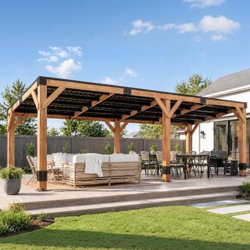 AMERLIFE 10 x 20 FT Spruce Wood Hardtop Gazebo with Sloped Galvanized Steel Roof, Heavy Duty Outdoor Pergola with Bar Shelf for Grill, BBQ, Patio, Backyard, Garden