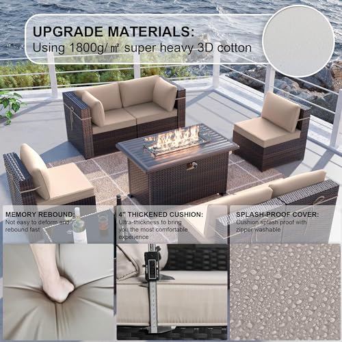 Kullavik 8 Pieces Outdoor Patio Furniture Set,Sectional Sofa Set with 43" 55000 BTU Gas Propane Fire Pit Table,Brown PE Rattan Wicker Patio Conversation Set,Sand